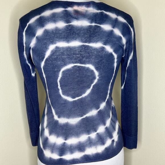 Tory Burch Dabny Cardigan Sweater XS Linen Blend Blue Tie Dye Woven Designer - Picture 3 of 8